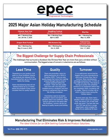 Major Asian Holiday Manufacturing Schedule